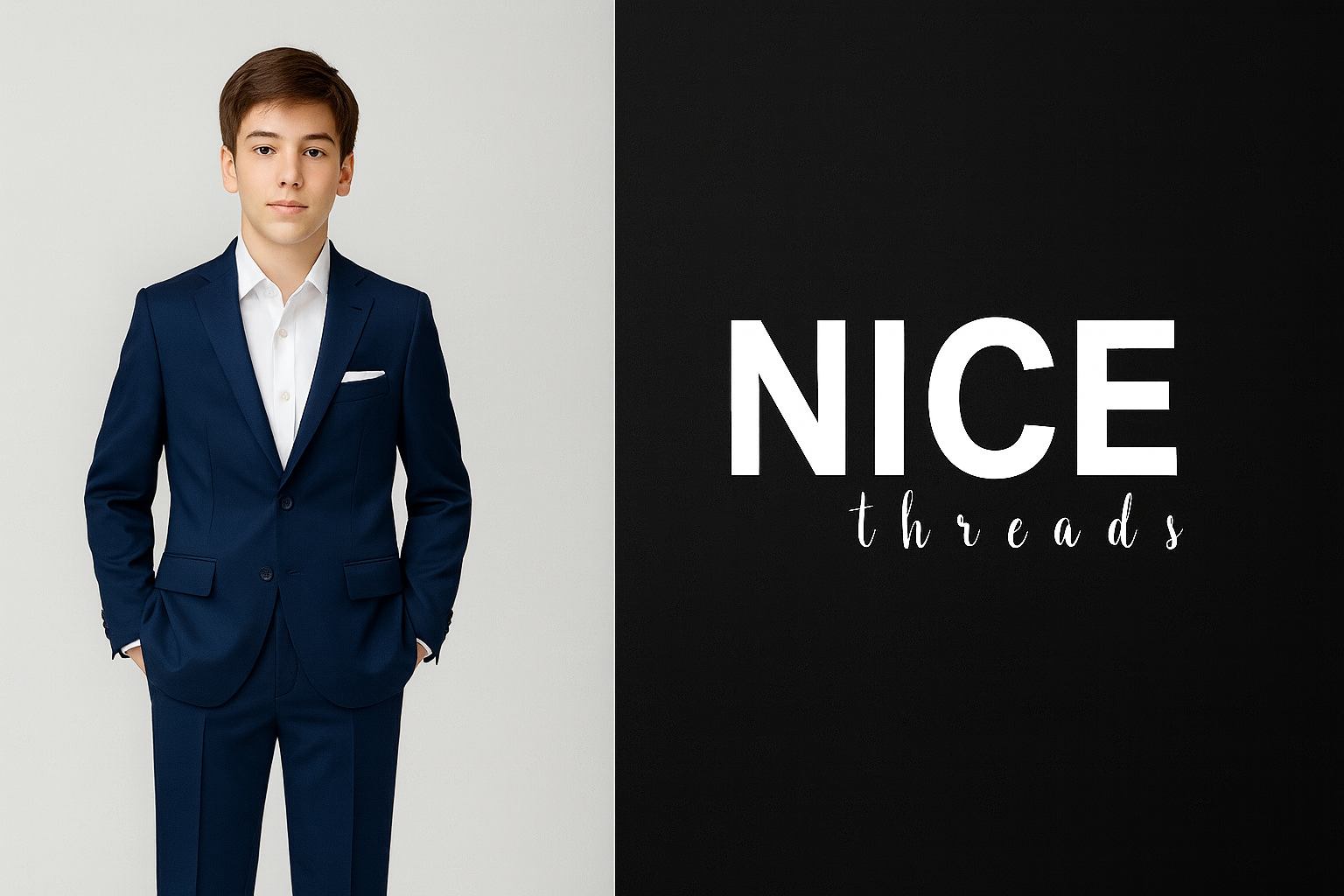 Man in a navy suit with 'NICE threads' logo on a black background
