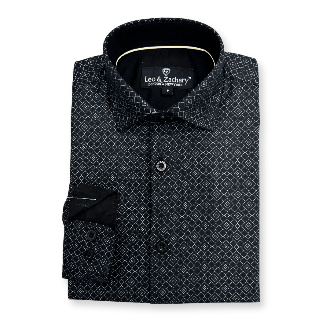 Leo & Zachary Boys Black Diamond Print Dress Shirt_ 5965 - NorthBoys