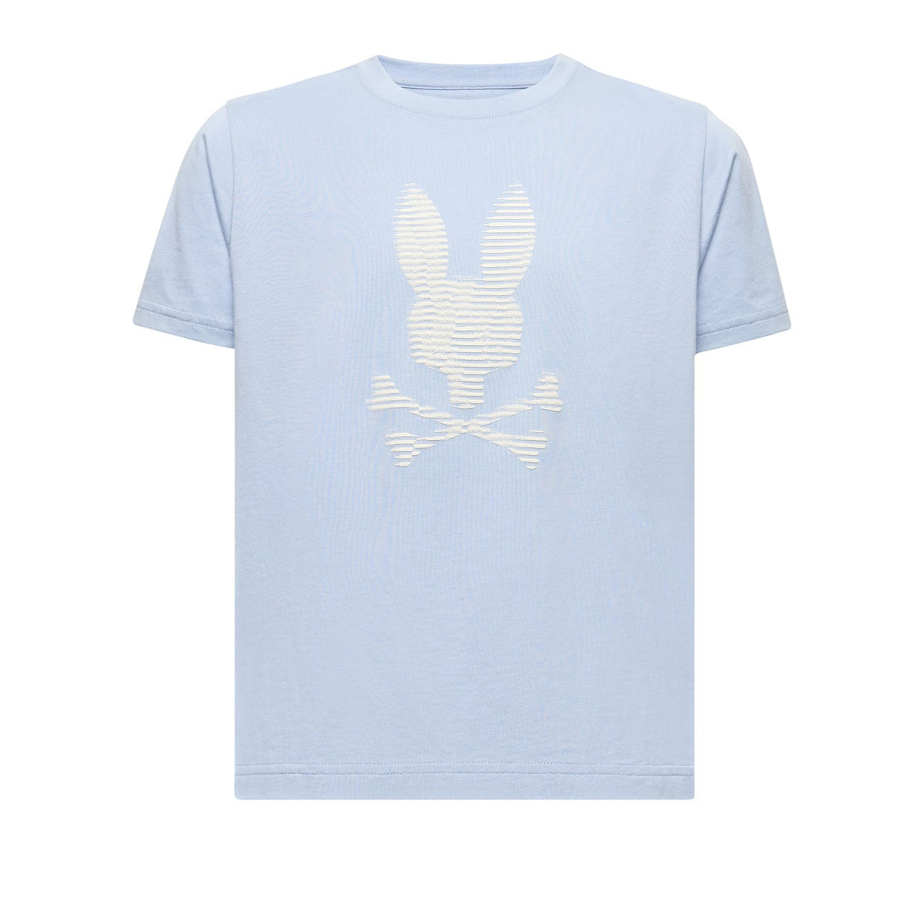 Light blue t-shirt with a white bunny design on a white background