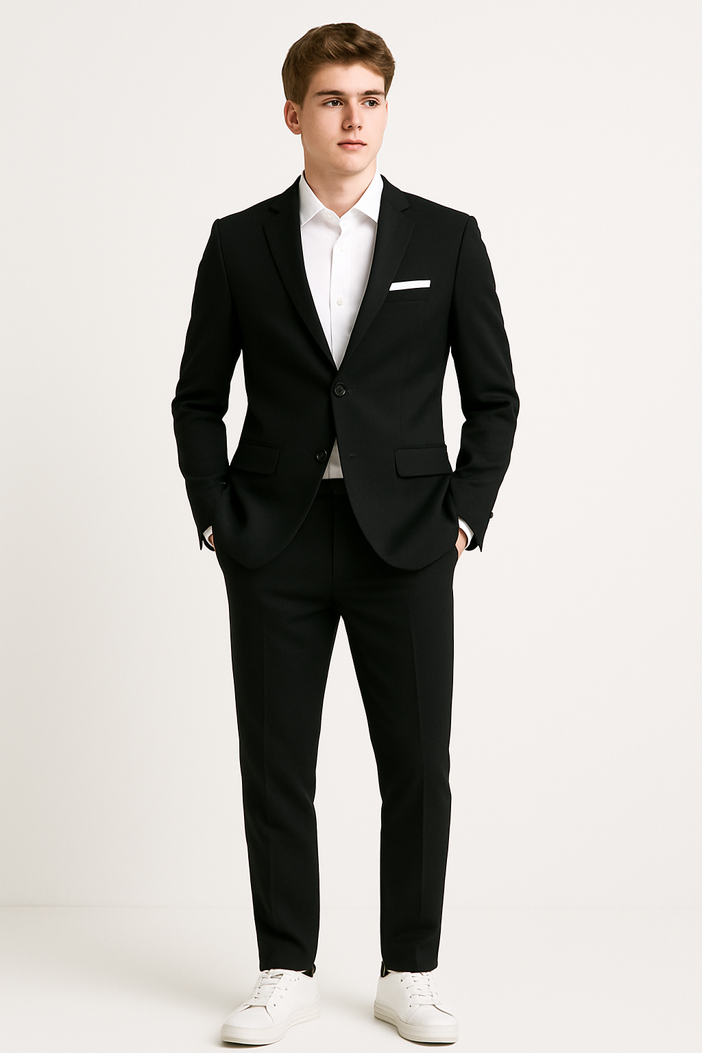 Man wearing a black suit with a white shirt on a white background