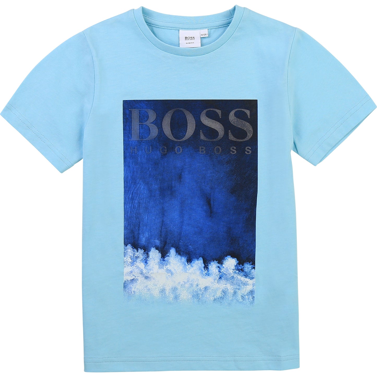 Graphic printed BOSS short sleeve T-shirt, with logo on the front, Light blue t-shirt with shaded blues in graphic and cloud like image on bottom. Branded woven label on side. SLIM FIT 100% cotton.