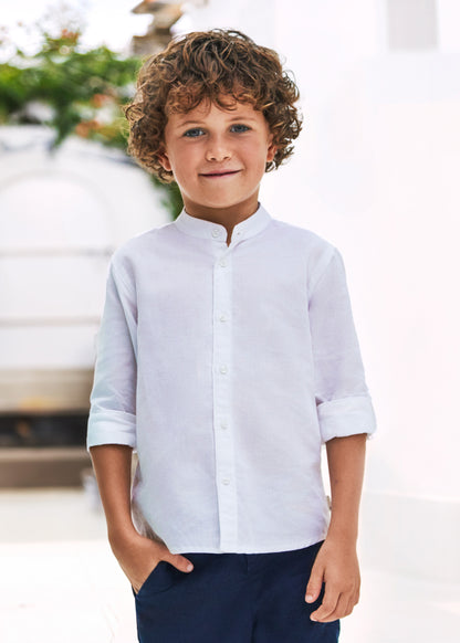 Mayoral Mini Long Sleeve White Mandarin Collar Linen Dress Shirt_ 3120-14