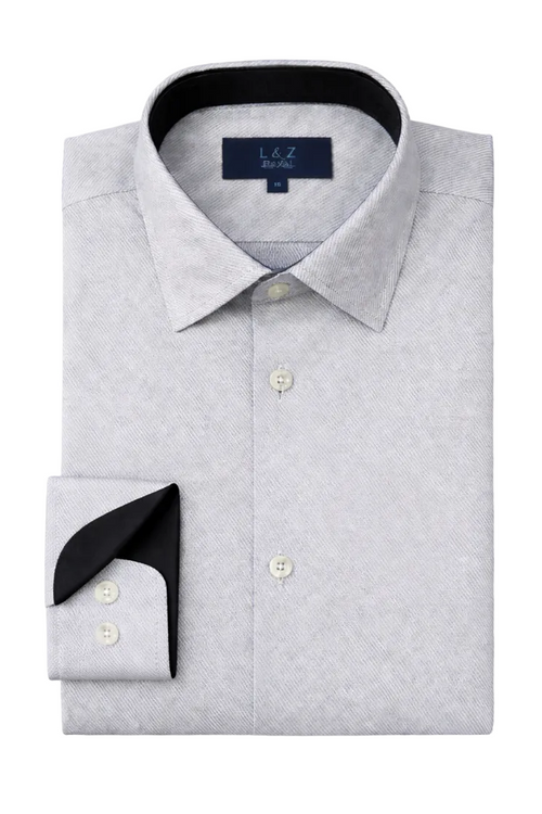 Folded gray dress shirt with black cuff and collar on a white background