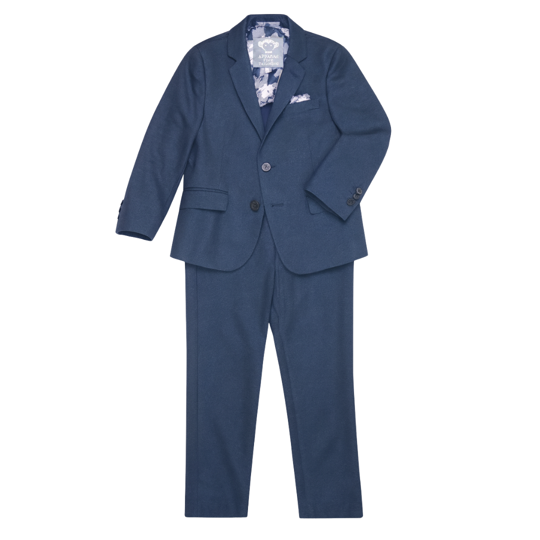 Blue suit with floral shirt on a white background