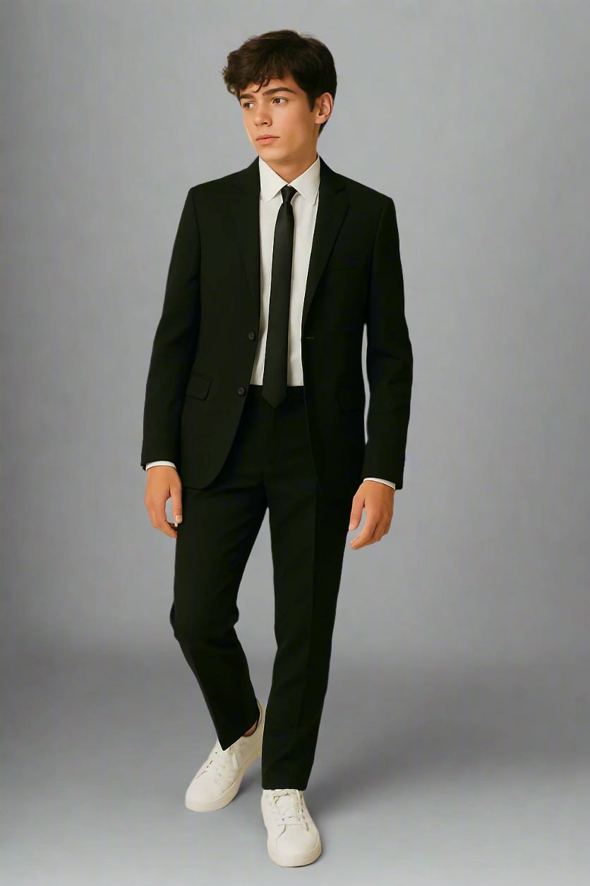 Person wearing a black suit with white shoes on a beige background