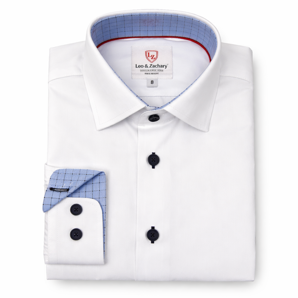 Folded white dress shirt with blue checkered interior and cuff, branded 'Leo & Zachary'.