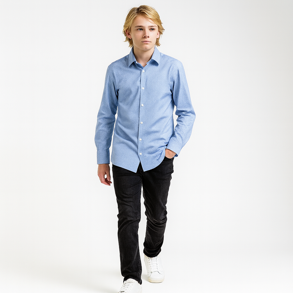 Person wearing a light blue patterned shirt and black pants on a white background