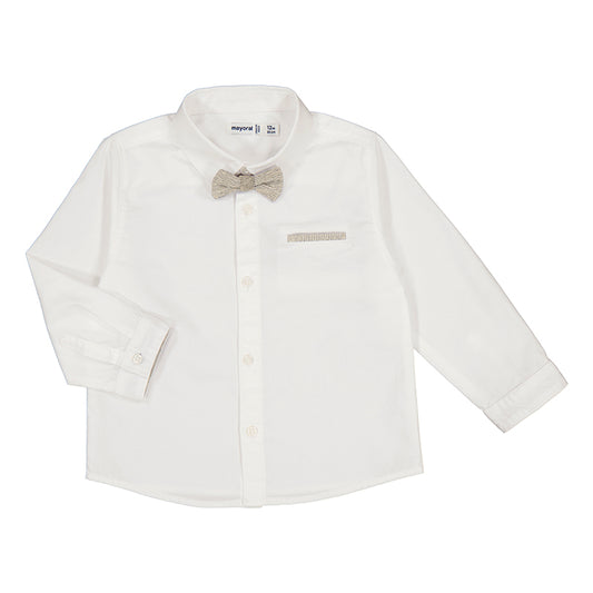 Mayoral Baby White Long Sleeve Cotton Dress Shirt w/ Bow_ 1116-12