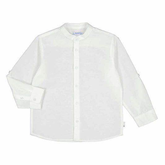 Mayoral Mini Long Sleeve White Mandarin Collar Linen Dress Shirt_ 3120-14
