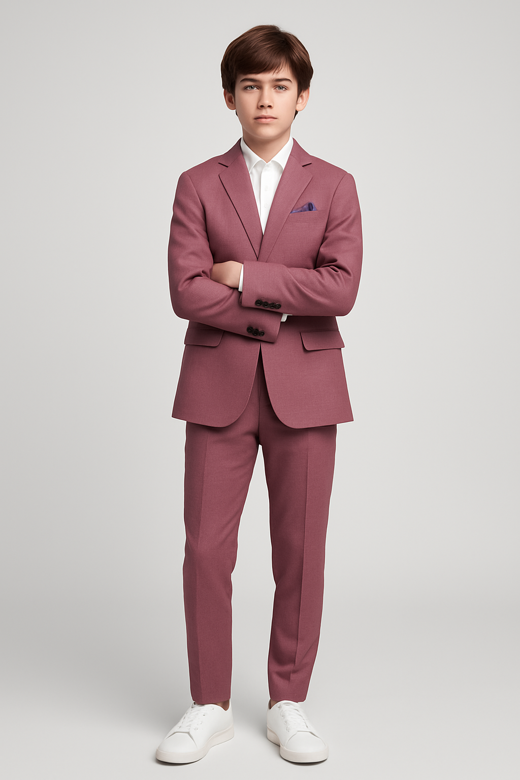Person wearing a pink suit with a white shirt on a light gray background