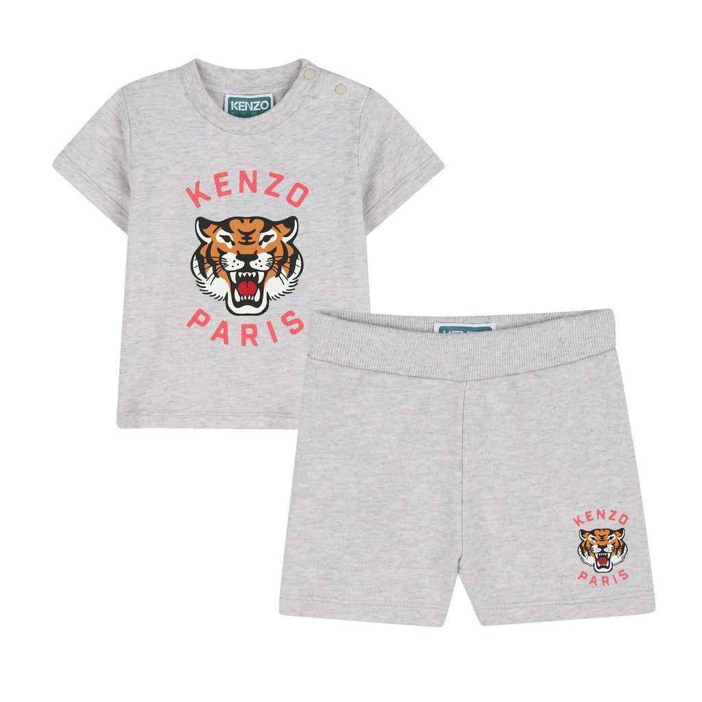 Gray t-shirt and shorts set with Kenzo tiger logo on a white background