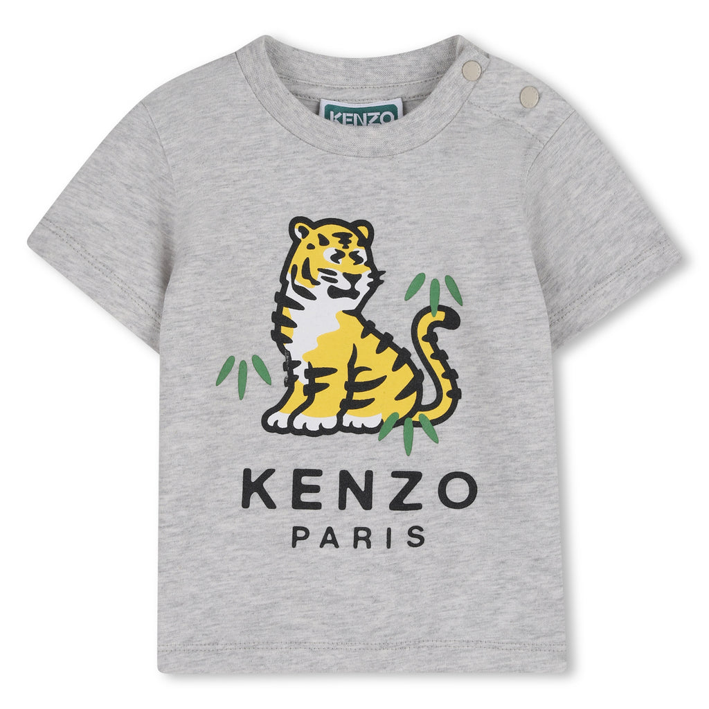 Gray t-shirt with a tiger graphic and Kenzo branding on a white background