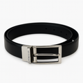 Black leather belt with a silver buckle on a white background