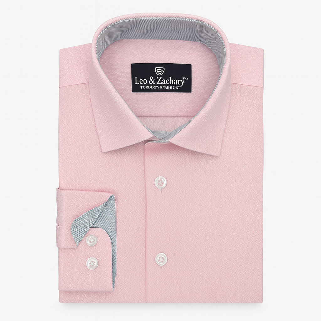 Pink dress shirt with gray interior and cuff, featuring the brand 'Leo & Zachary'.