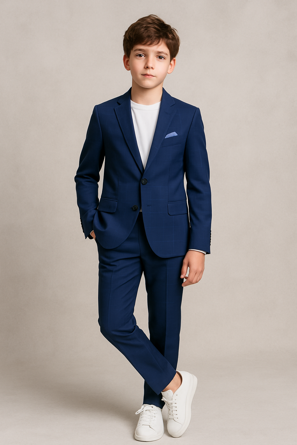 Young boy wearing a blue suit with a white shirt and white sneakers on a beige background