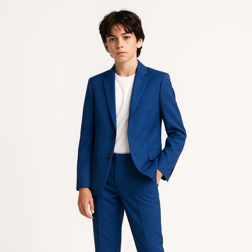 Person wearing a blue suit with a white shirt on a white background