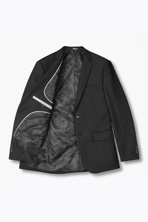 Black blazer with patterned lining on a white background
