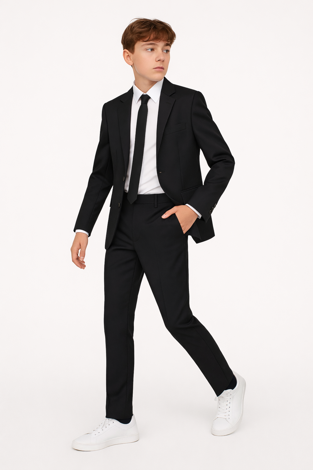 Person wearing a black suit with white shirt and white sneakers on a white background