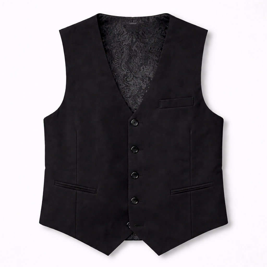 Black vest with buttons on a white background