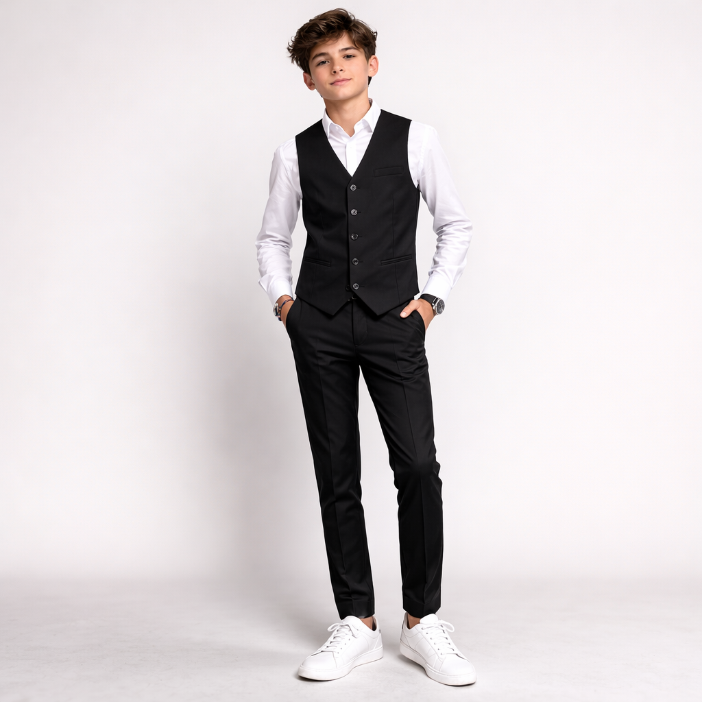 Person wearing a black vest over a white shirt with black pants on a white background