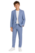 Person wearing a light blue suit with a white shirt on a plain background