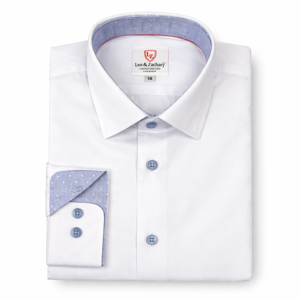 White dress shirt with blue accents and collar, featuring a brand label on a white background.