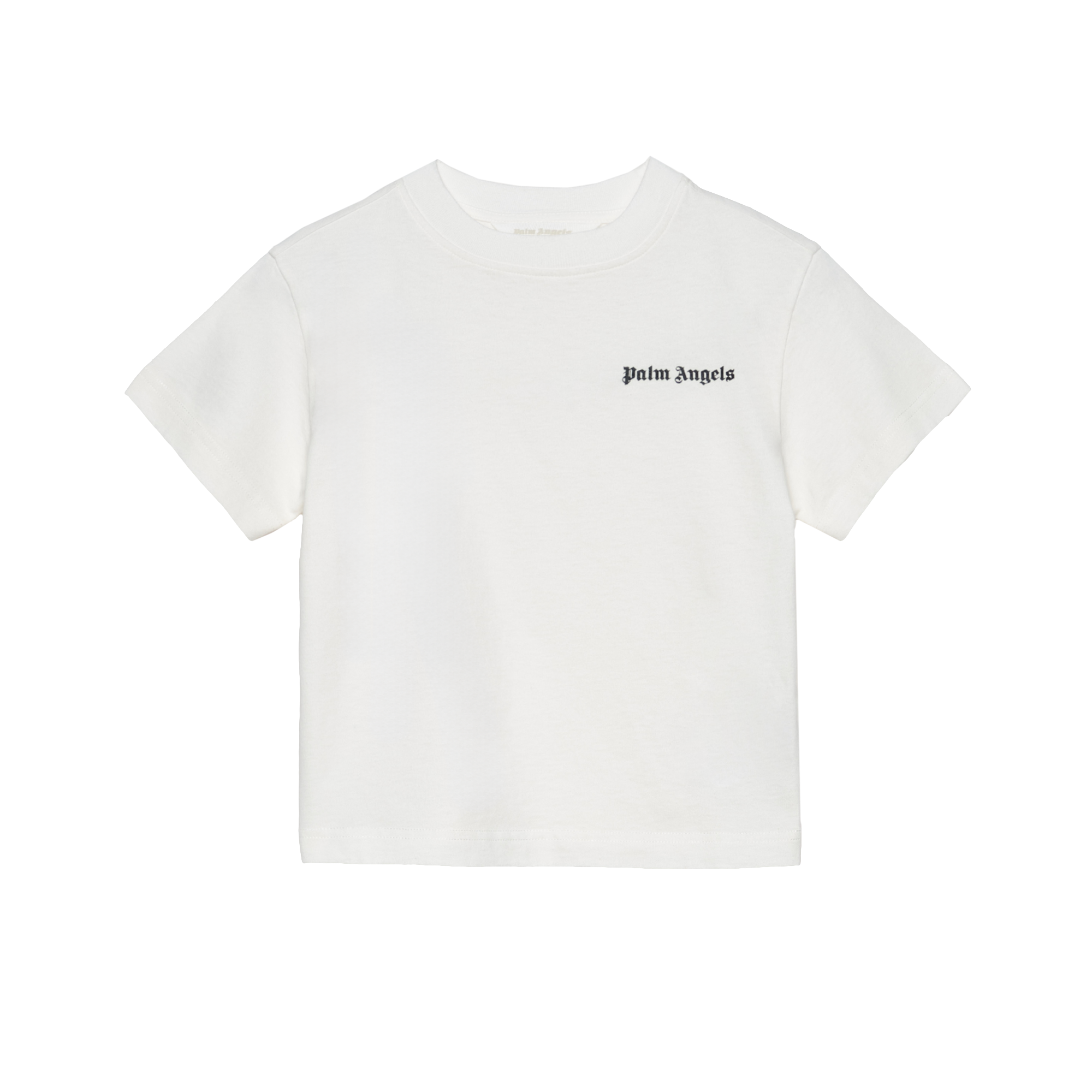 White t-shirt with 'Palm Angels' logo on a white background