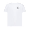 White t-shirt with a small logo on the chest against a white background