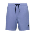 Light blue shorts with a black drawstring and logo on a white background