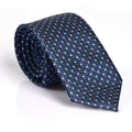 Navy blue tie with light blue geometric pattern on a white background
