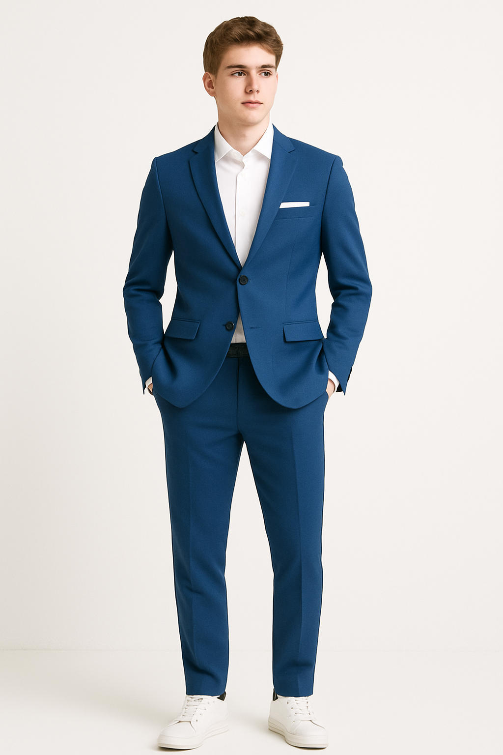 Man wearing a blue suit with a white shirt on a white background