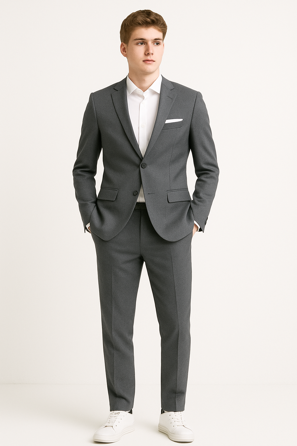 Man wearing a gray suit with a white shirt on a white background