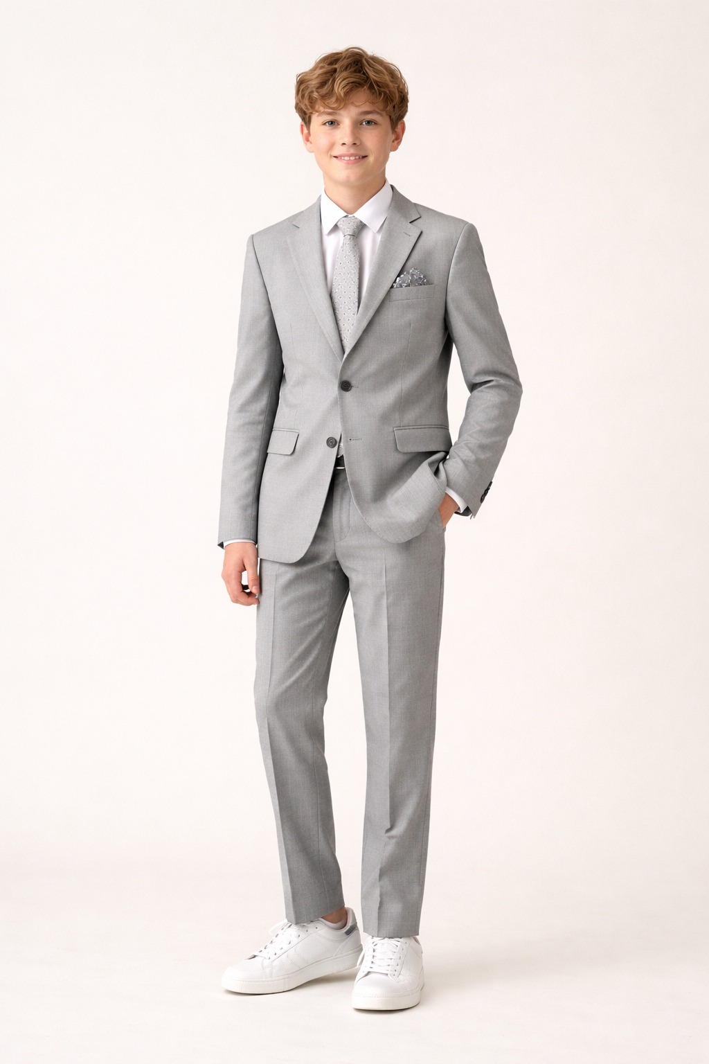 Young boy wearing a gray suit with a white shirt on a white background