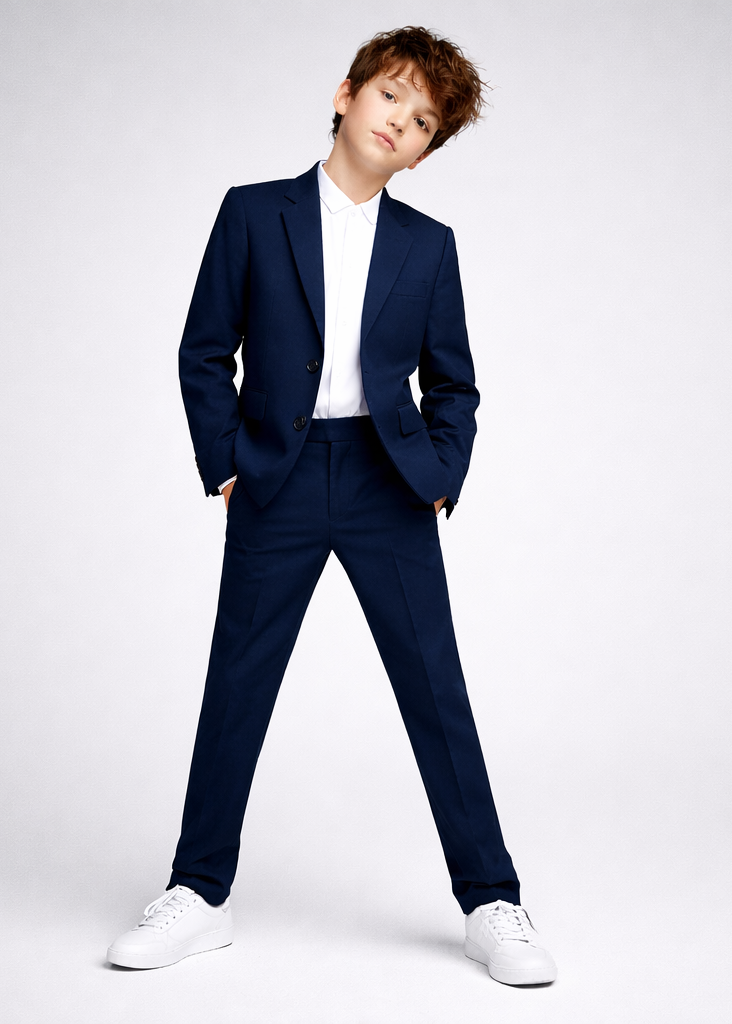 Person wearing a navy suit with white shoes on a plain background
