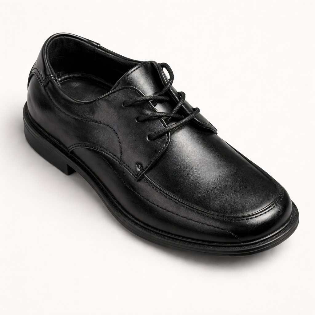 Black leather dress shoe on a white background