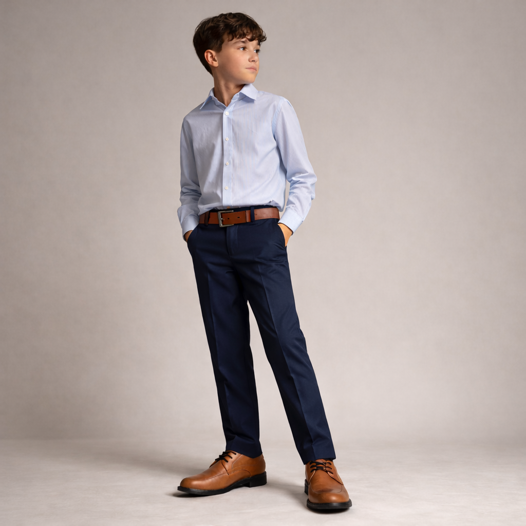 Young boy wearing a light blue dress shirt, navy pants, and brown shoes on a plain background