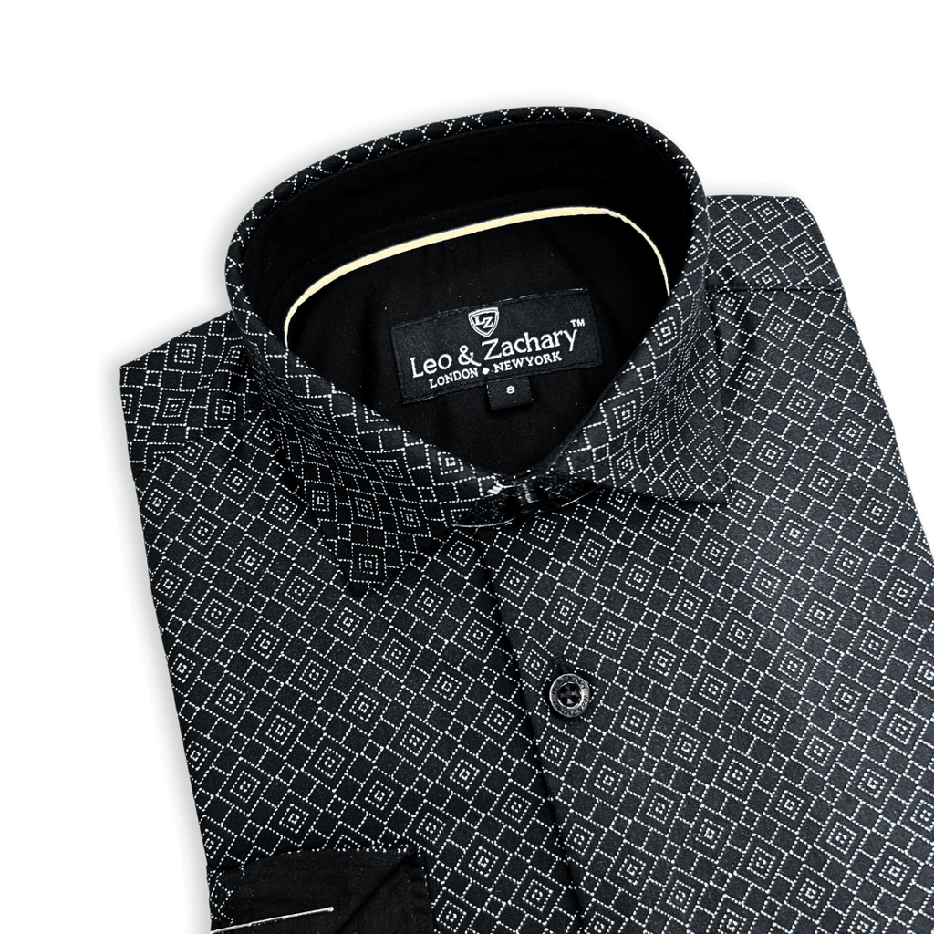 Leo & Zachary Boys Black Diamond Print Dress Shirt_ 5965 - NorthBoys