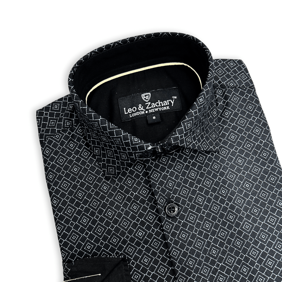 Leo & Zachary Boys Black Diamond Print Dress Shirt_ 5965 - NorthBoys