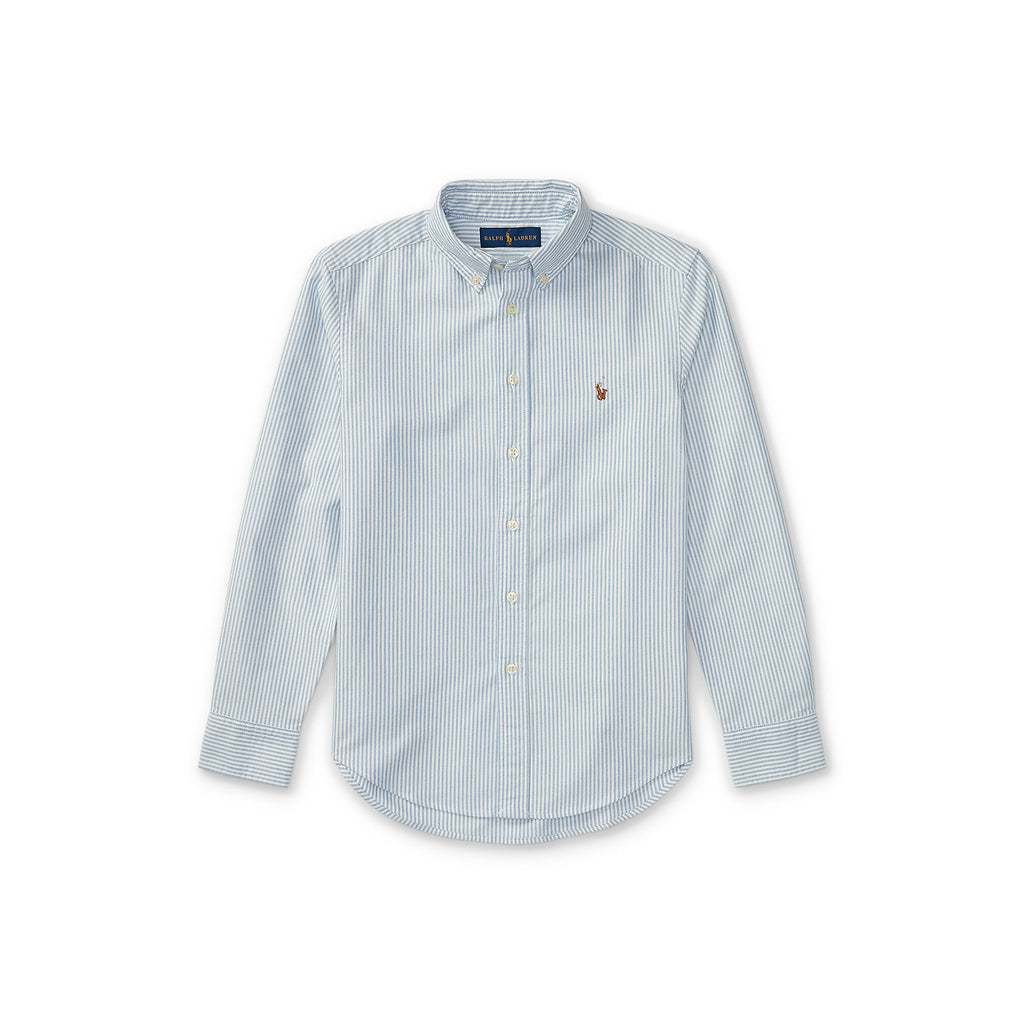 Light blue striped shirt with a brand logo on a white background