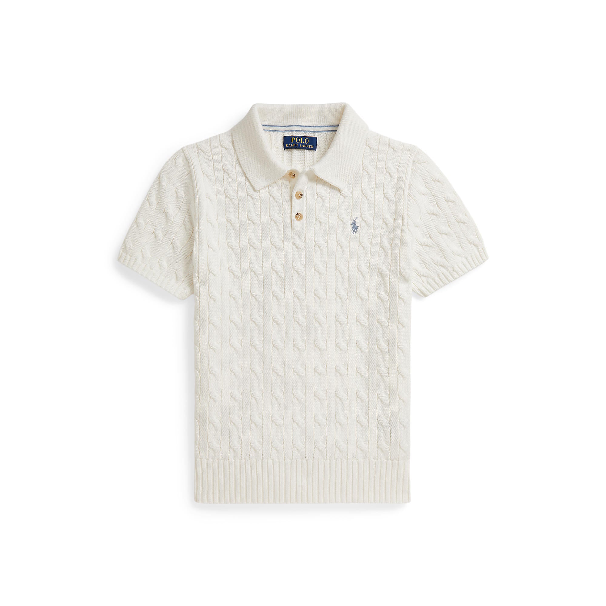 White cable knit polo shirt with Polo Ralph Lauren logo on a white background