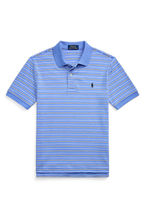 Blue striped polo shirt with a brand logo on a white background