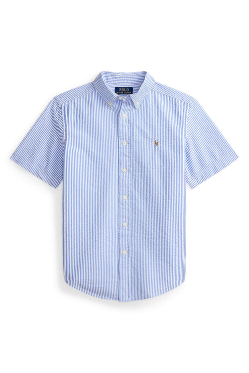 Blue and white striped button-up shirt on a white background