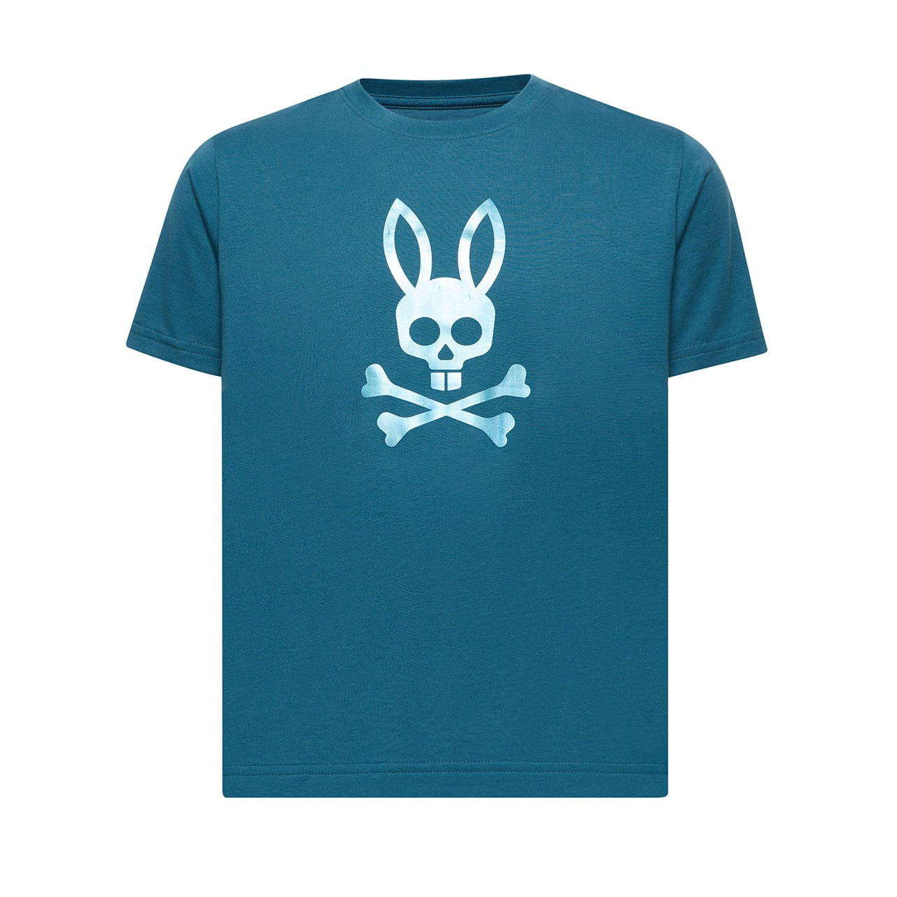 Blue t-shirt with a white skull and crossbones design on a white background