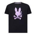 Black t-shirt with a pink rabbit skull and crossbones design on a white background