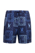 Blue patterned shorts on a white background