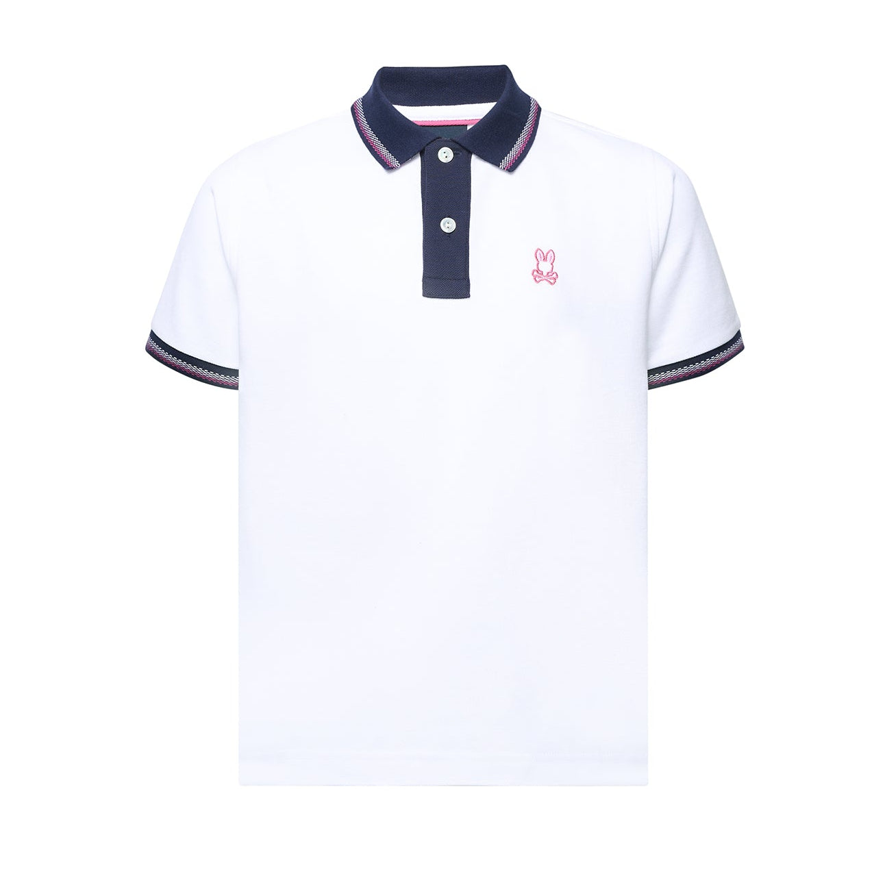 White polo shirt with navy collar and trim on a white background