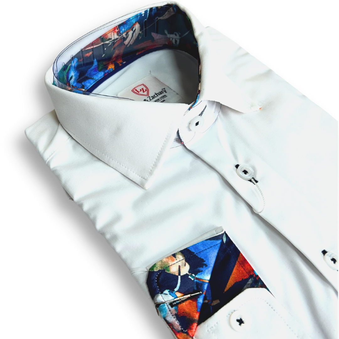 Leo & Zachary Boys White/Navy Stitch Non-Iron Dress Shirt_5518