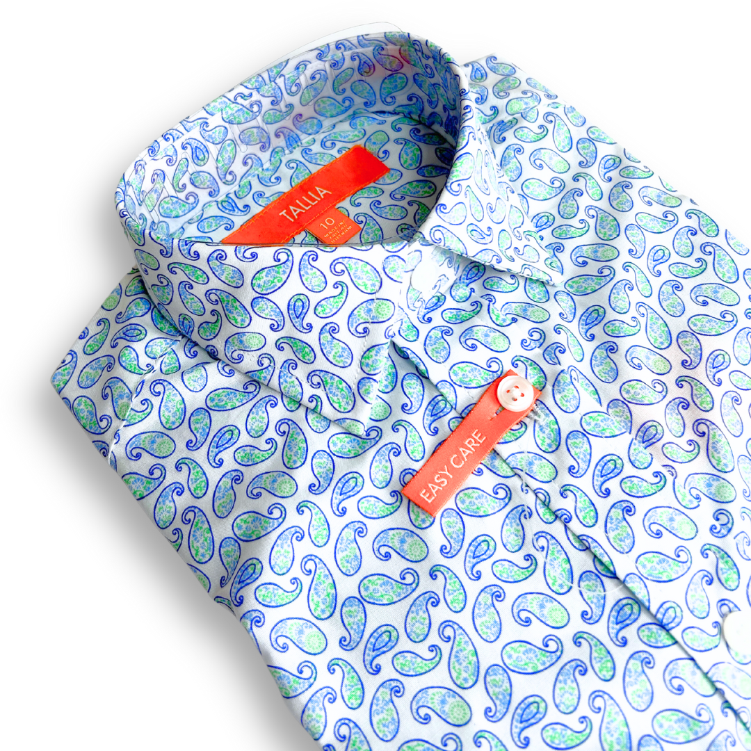 Tallia Boys White/Green Paisley Dress Shirt